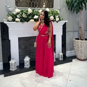 Fuchsia Pink Draped Palazzo Set With Sequin Bead Hand Embroidered Blouse & Belt